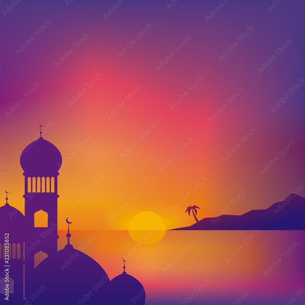 Obraz premium Sunset Scenery on the Beach with Mosque Sillhouette