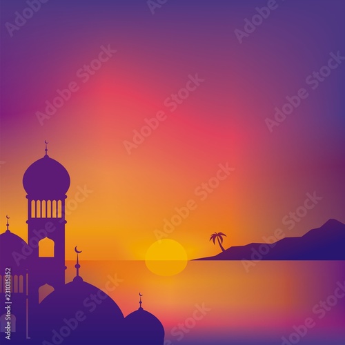 Sunset Scenery on the Beach with Mosque Sillhouette