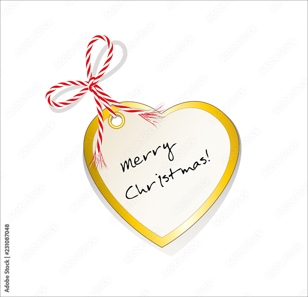 Weihnachts Karte Herz, Etikett für Geschenke, Weihnachtskarte mit Grüße in  englisch, Geschenkanhänger mit Goldrand und Schleife, Vektor Illustration  isoliert auf weißem Hintergrund Stock Vector | Adobe Stock