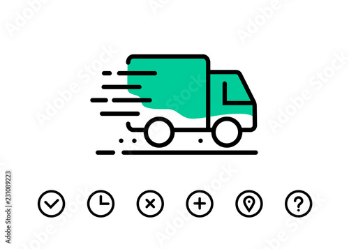 Fast shipping delivery truck. Set of Line icons. Vector illustration for apps and websites