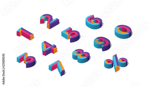 0, 1, 2, 3, 4, 5, 6, 7, 8, 9 isometric 3D numeral alphabet.  Percent off, sale background. Colorfull polygonal triangle Letter. Eps10. Vector Isolated Number.