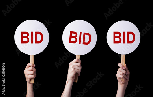 Bidders' hands lifting auction paddles photo
