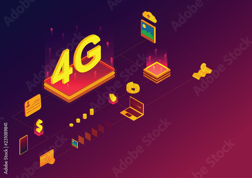 Camera, Smartphone transfer picture to laptop and upload to cloud, web photo stock with 4G signal. Isometric vector illustration.