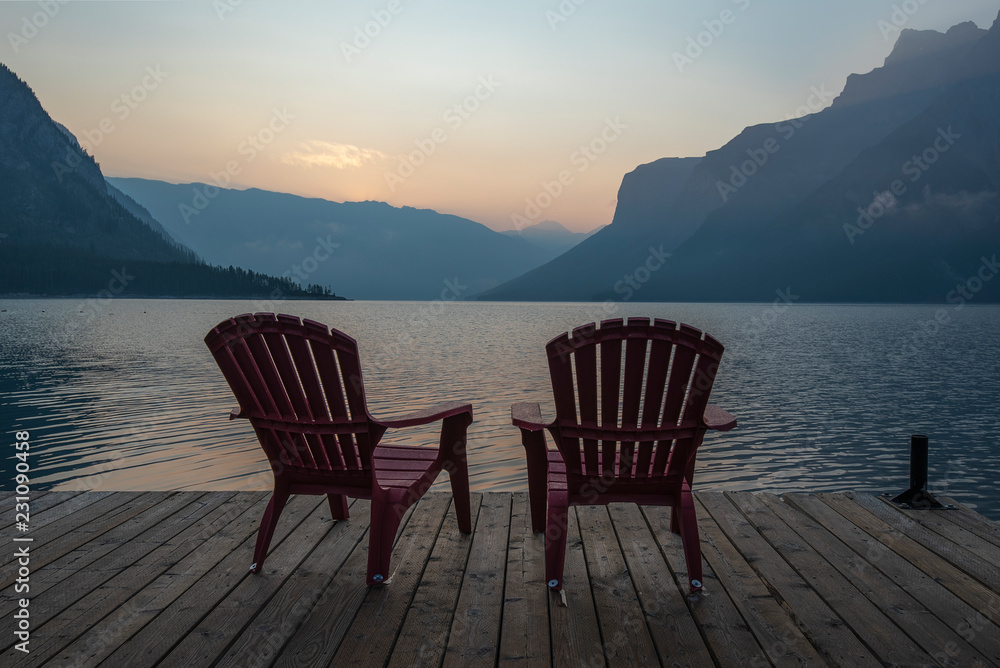 Smoky Sunrise at Lake Minnewanka in Banff National Park Smoky Sunrise at Lake Minnewanka in Banff National Park