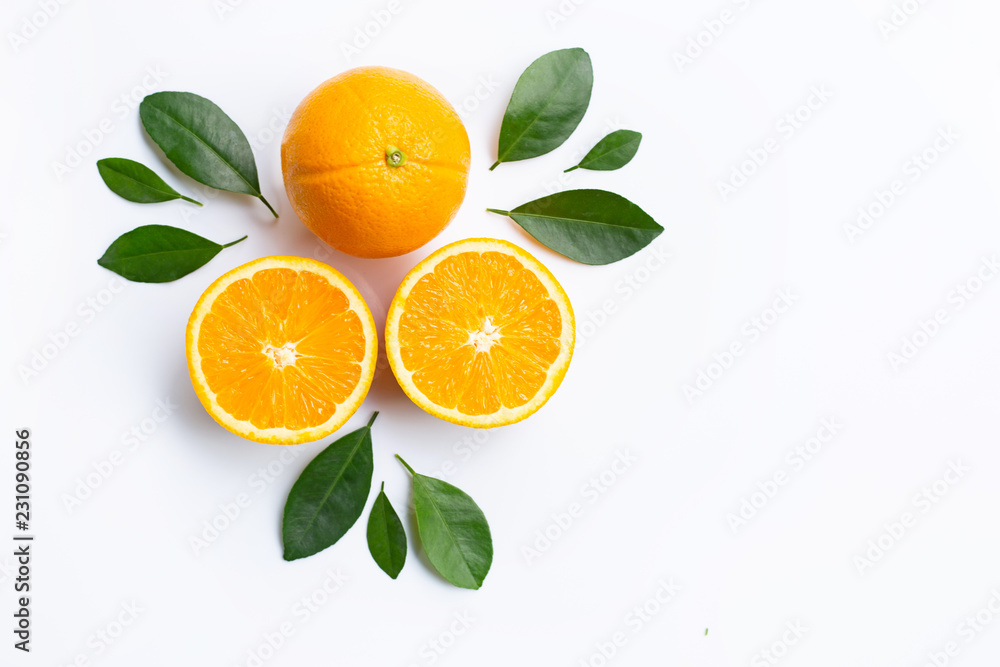 Top view of orange fruits and leaves isolated on white background. Top view of orange fruits and leaves isolated on white background.
