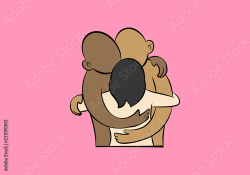 two men and one woman hugging tightly - threesome hugs - friendship and relationship concept illustrating togetherness and affection