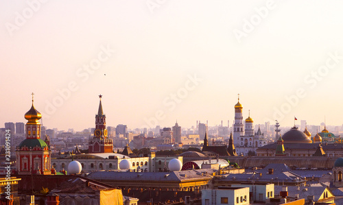Panoramic view of the historical buildings of Moscow from roof in center of Moscow, Russia