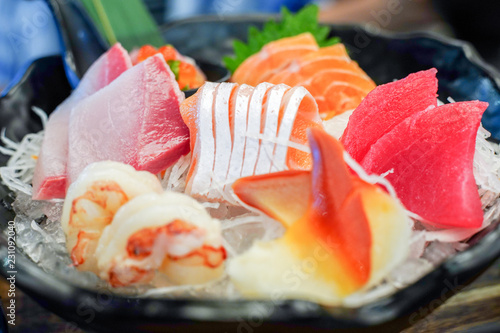 Mixed sashimi, big sashimi plate,Sashimi set, raw fish, japanese food in Asian restuarant