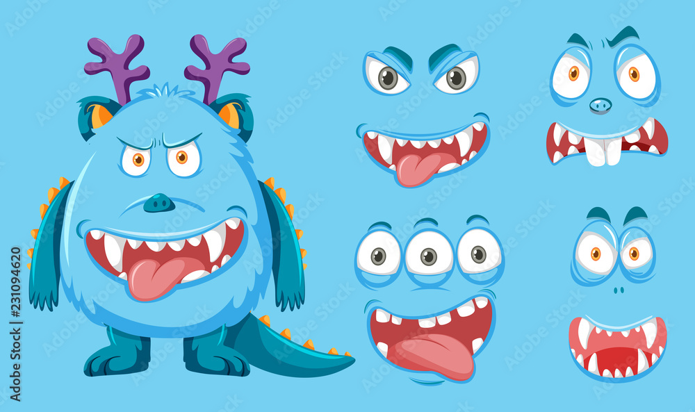 Blue monster with different facial expression