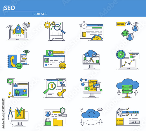 Vector set of SEO optimization and digital internet marketing. Online services, cloud storage and social media networks. icons in thin line style. Website UI and mobile web app icon. Outline design