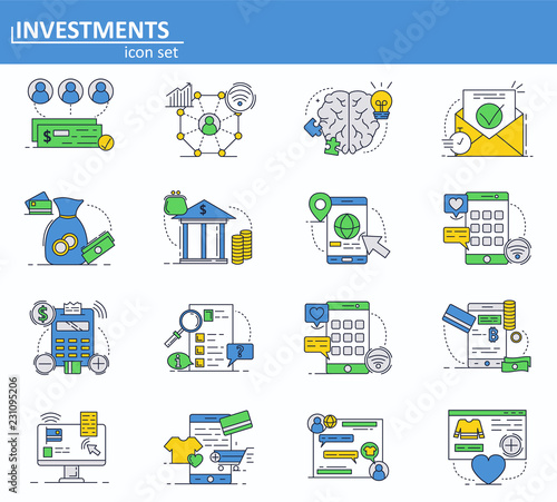 Vector set of digital money services, finance and bank icons in thin line style. Investment and onlne payments. Website UI and mobile web app icon. Outline design illustration.