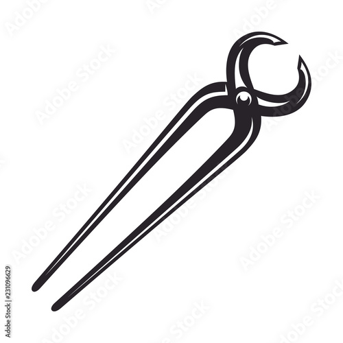 Vintage pliers, monochrome icon, blacksmith tools. Vector illustration, isolated on white background. Simple shape for design logo, emblem, symbol, sign, badge, label, stamp.