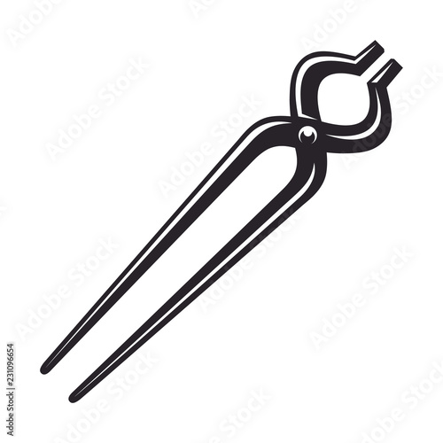 Vintage pliers, monochrome icon, blacksmith tools. Vector illustration, isolated on white background. Simple shape for design logo, emblem, symbol, sign, badge, label, stamp.
