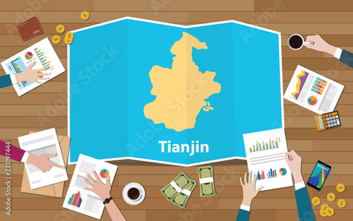 tianjin china city region economy growth with team discuss on fold maps view from top