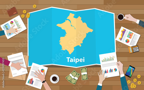 taipei capital taiwan city region economy growth with team discuss on fold maps view from top