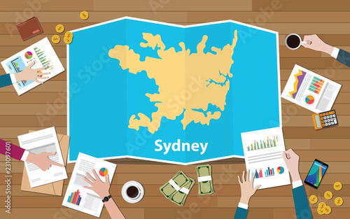 sydney australia capital city region economy growth with team discuss on fold maps view from top