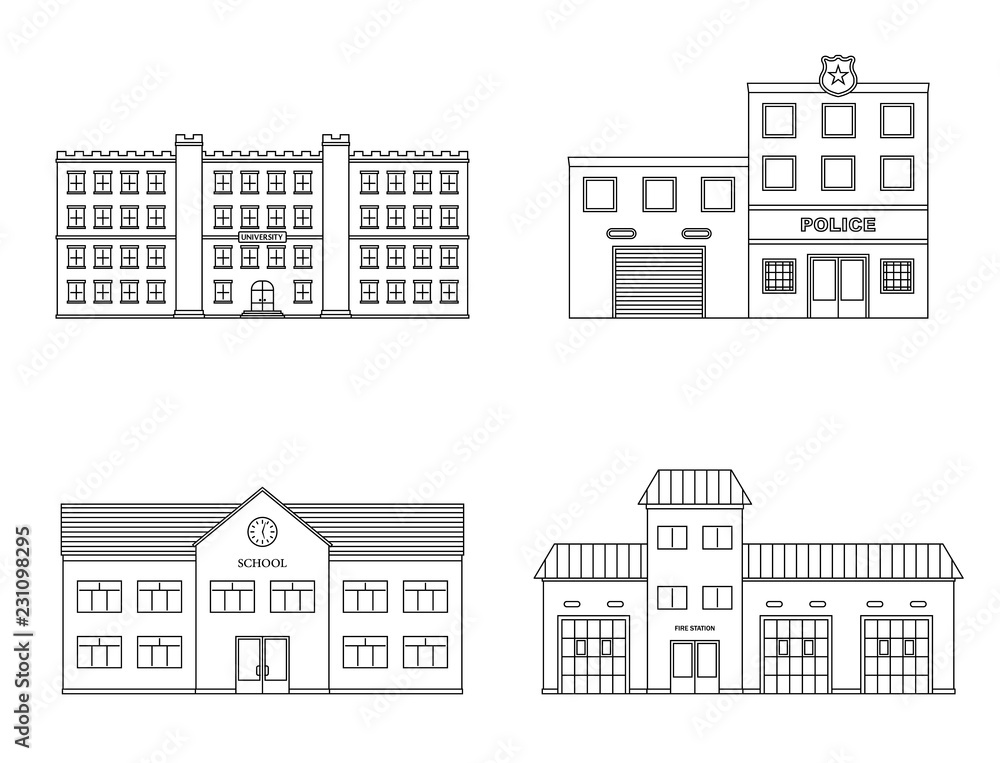 Buildings set. University, school, police, fire station building isolated on white background. Urban public buildings. Vector illustration.