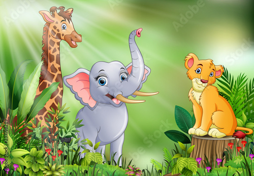 Cartoon of the nature scene with different animals