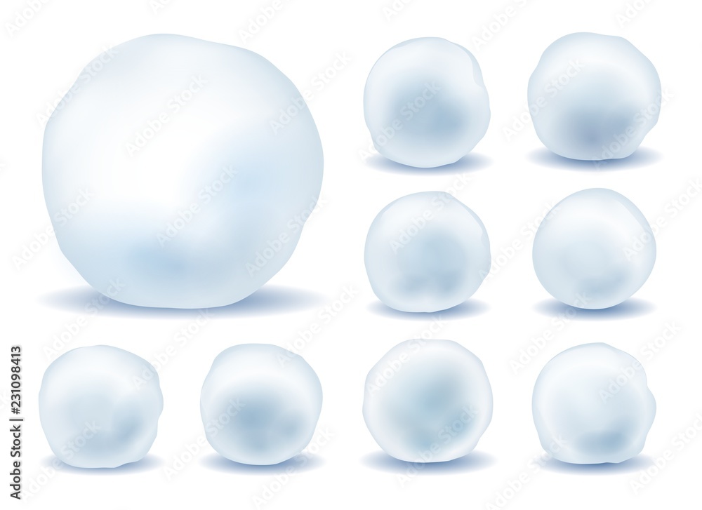 Snowballs isolated. Snowball boules set, weather snow balls for christmas fight on white background, vector illustration Snowballs isolated. Snowball boules set, weather snow balls for christmas fight on white background, vector illustration