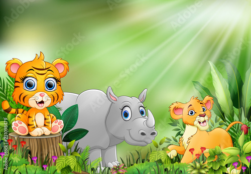 Cartoon of the nature scene with different animals