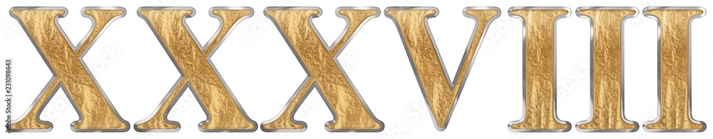 Roman numeral XXXVIII, oct o et triginta, 38, thirty eight, isolated on white background, 3d render Roman numeral XXXVIII, oct o et triginta, 38, thirty eight, isolated on white background, 3d render
