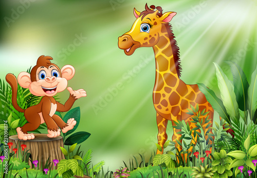 Cartoon of the nature scene with a monkey sitting on tree stump and giraffe #231098874