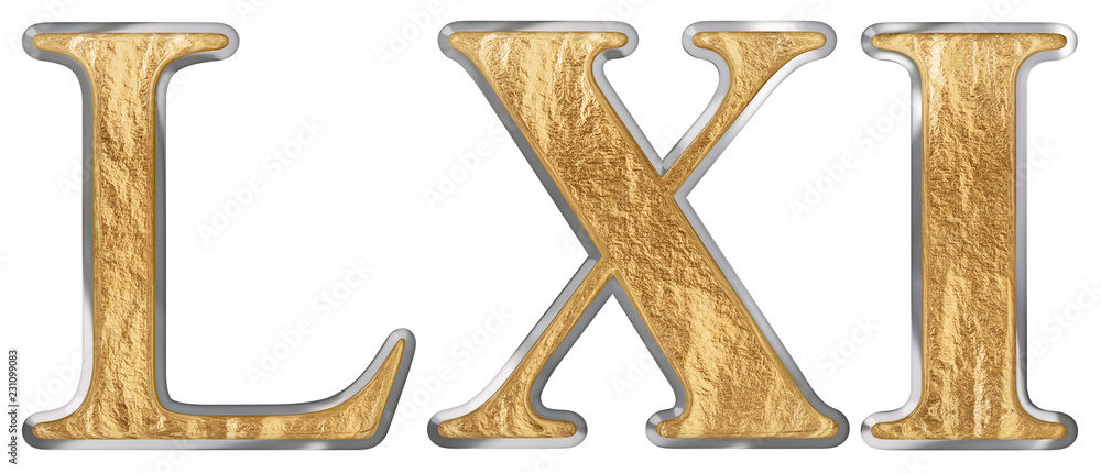 Roman numeral LXI, unus et sexaginta, 61, sixty one, isolated on white background, 3d render