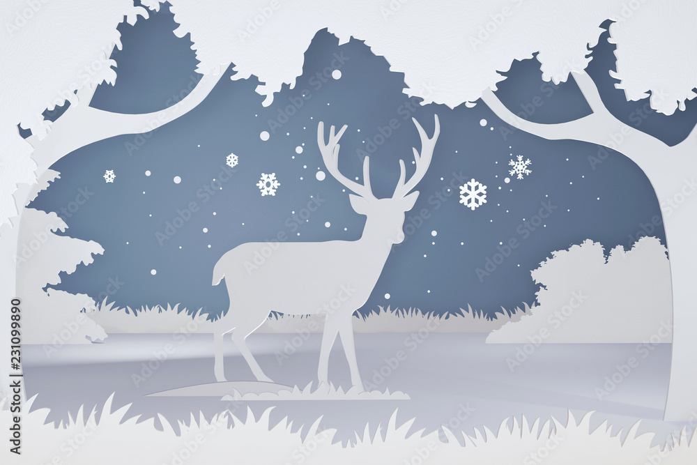 Paper art and craft style of Deer in the forest with copy space, Create custom greeting cards given on special occasions such as Happy new year, Christmas or other holidays, 3D rendering desig
