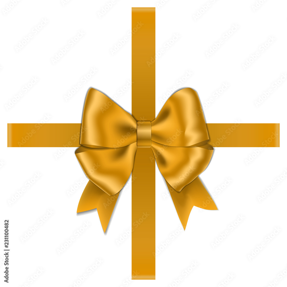 Gold bow with ribbon and box isolated on white background. Vector rose bow for gift decor. Top view Gold bow with ribbon and box isolated on white background. Vector rose bow for gift decor. Top view