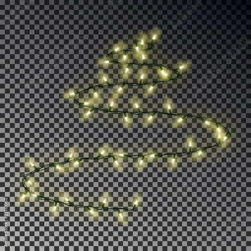 Christmas color tree of lights string. Transparent effect decoration isolated on dark background. Re