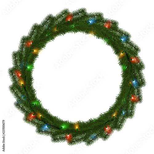 Green Christmas wreath with light string vector isolated on white background. Xmas round garland dec