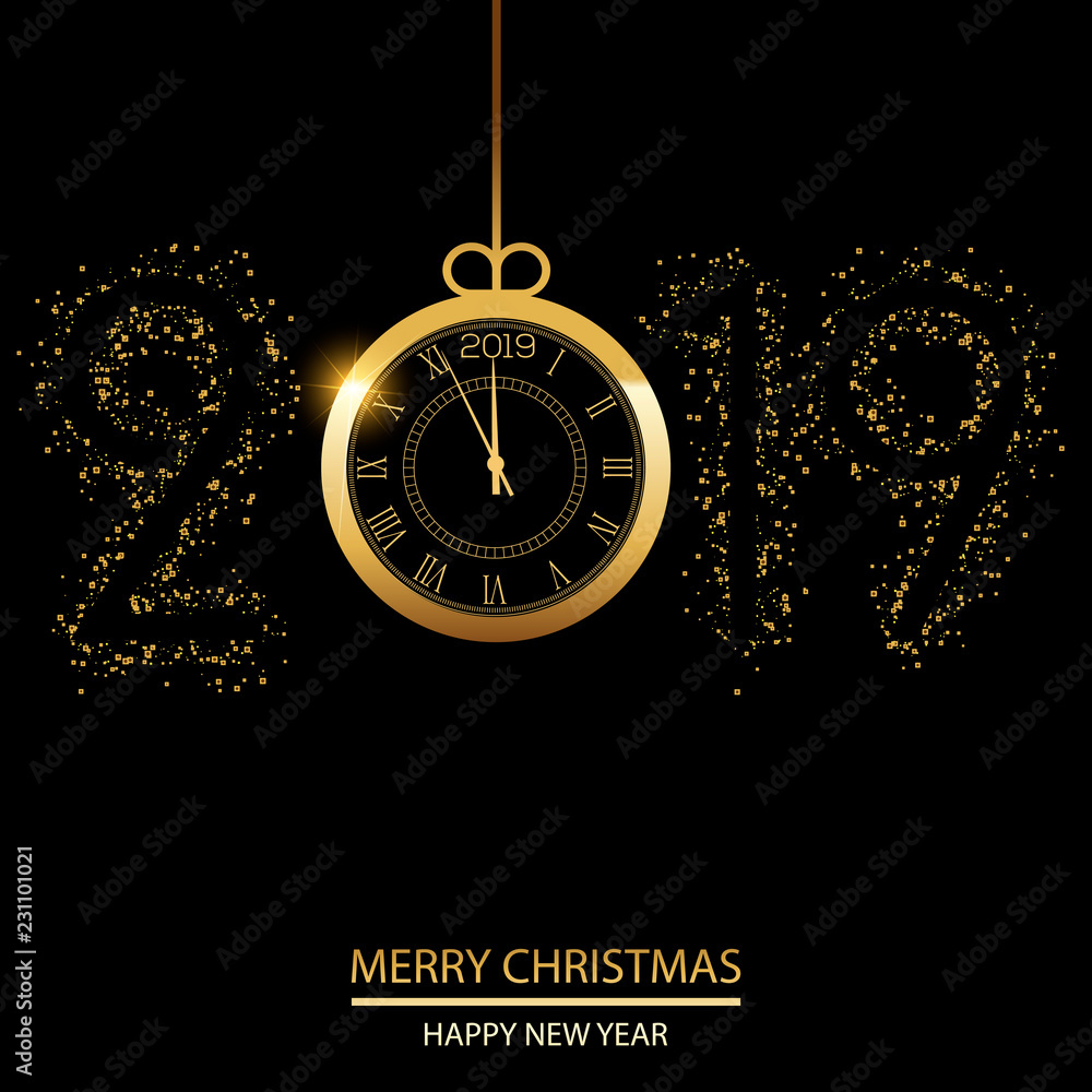 Happy New Year or Christmas greeting card with gold clock. Vector
