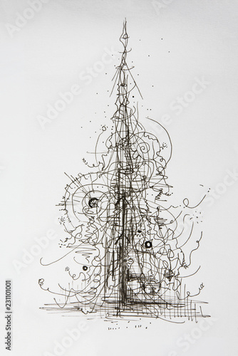 Creative concept christmas tree abstract ink pen drawing. Abstract forms and elements growing or forming into a tree.