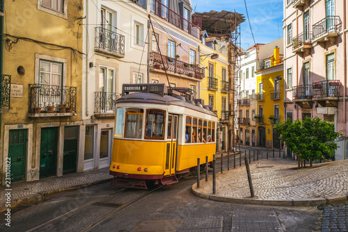 tram on line 28 in lisbon, portugal