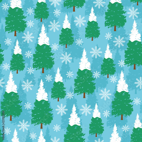 Cool Winter Pine Tree Snowflake Seamless Pattern Background © jongjawi