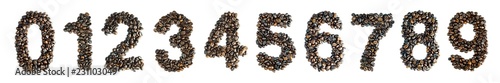 collection coffee beans are numbered 0 1 2 3 4 5 6 7 8 9 Zero one two three four five six seven eight nine. digits from count isolated on white background and clipping path.