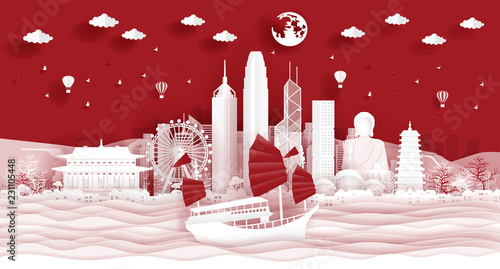 Panorama postcard of world famous landmarks of Hong kong skyline in paper cut style vector illustration