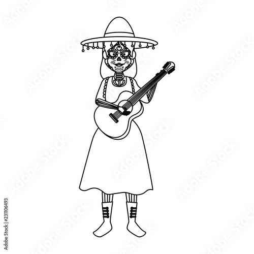 mexica woman with catrina costume and guitar