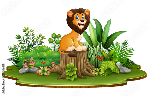 Fototapeta Naklejka Na Ścianę i Meble -  Cartoon happy lion sitting on tree stump with green plant