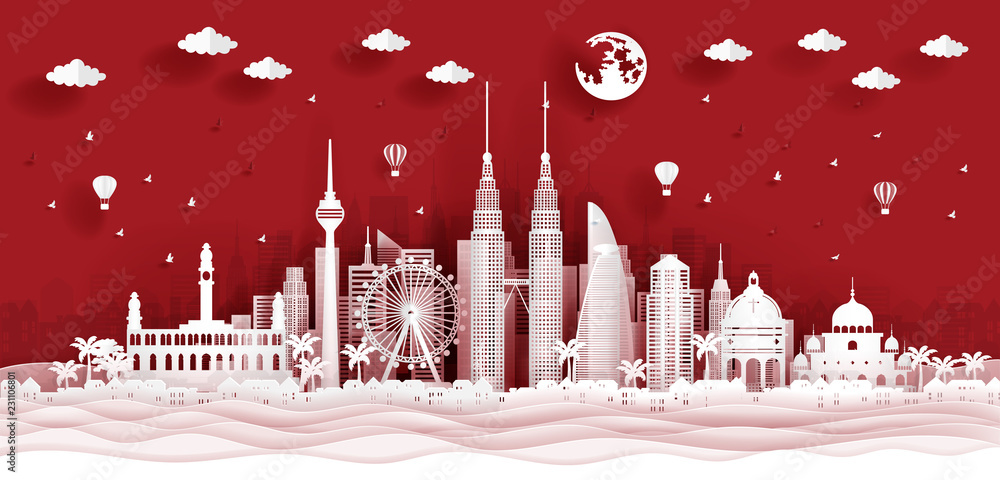 Obraz premium Panorama postcard of world famous landmarks of Kuala Lumpur, Malaysia in paper cut style vector illustration
