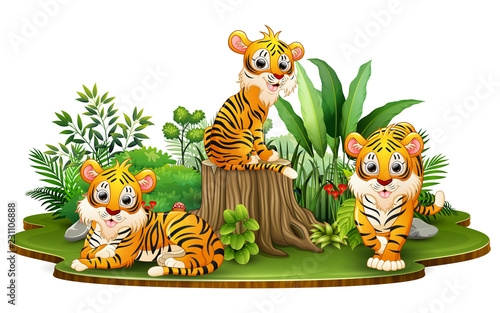 Fototapeta Naklejka Na Ścianę i Meble -  Group of tiger cartoon in the park with green plants