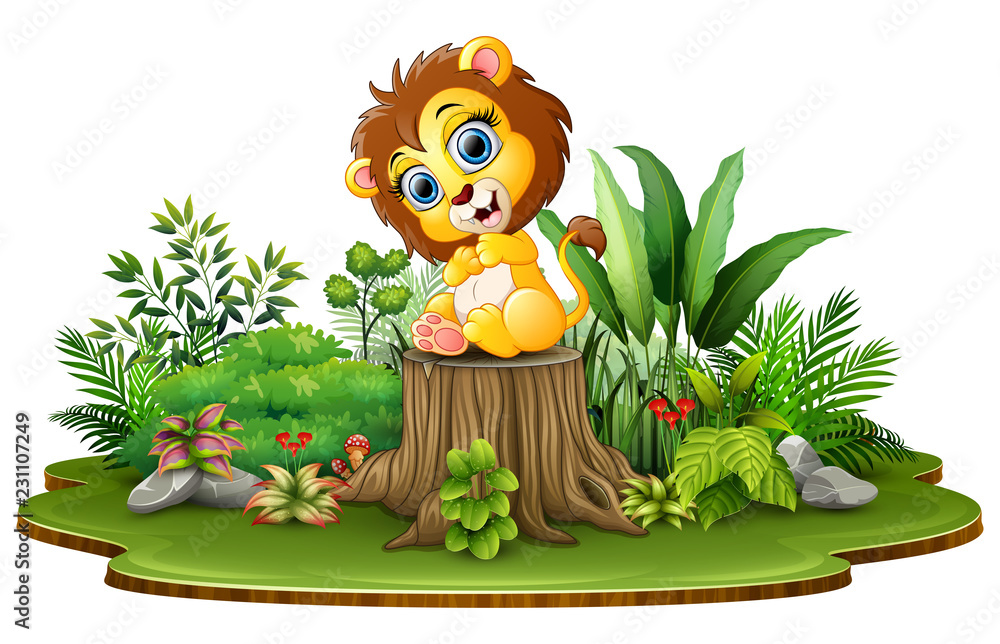 Fototapeta premium Cartoon happy baby lion sitting on tree stump with green plants