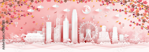 Panorama postcard of world famous landmarks of Hong kong with falling maple leaves in paper cut style vector illustration