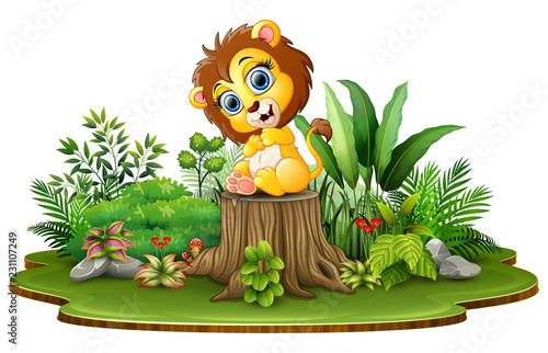 Fototapeta Naklejka Na Ścianę i Meble -  Cartoon happy baby lion sitting on tree stump with green plants