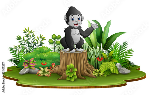 Cartoon happy baby gorilla sitting and waving on tree stump with green plants