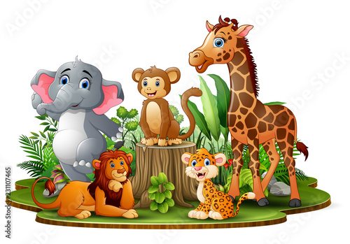 Happy animals cartoon in the park with green plants