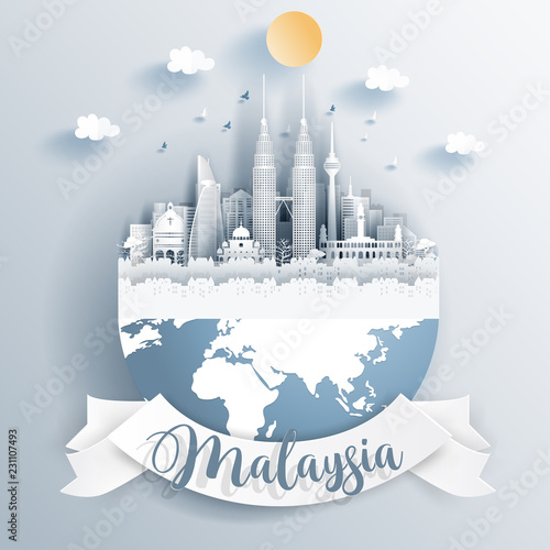 Malaysia landmarks on earth in paper cut style vector illustration.