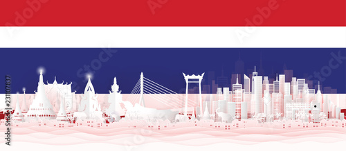 Panorama postcard of world famous landmarks of Thailand with Thai flag in paper cut style vector illustration