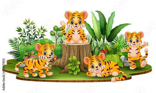 Fototapeta Naklejka Na Ścianę i Meble -  Happy baby tiger group with green plants