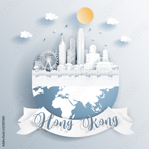 Hong Kong landmarks on earth in paper cut style vector illustration.